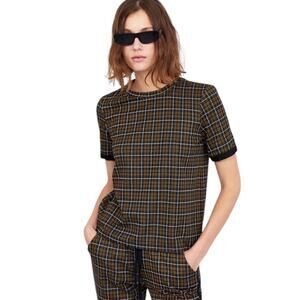 Zara Trafaluc Knit Plaid Short Sleeve Knit Top Black Yellow White, size S